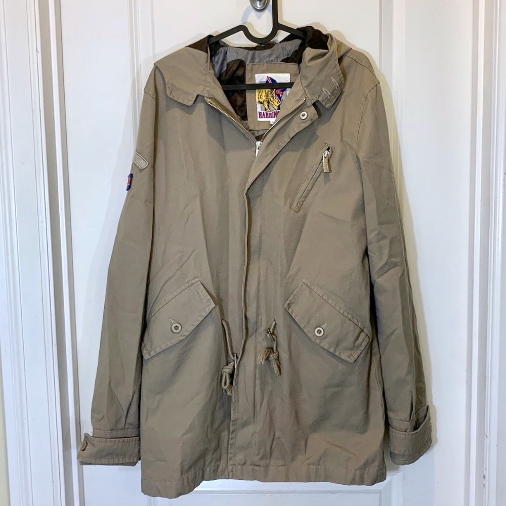 Harrington Military Twill Tan Hooded Parka w/ Patches & multiple Pockets